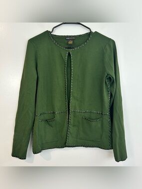 Grace Dane Lewis Green Knit Cardigan w/ Faux Black Leather Trim Frankenstein S